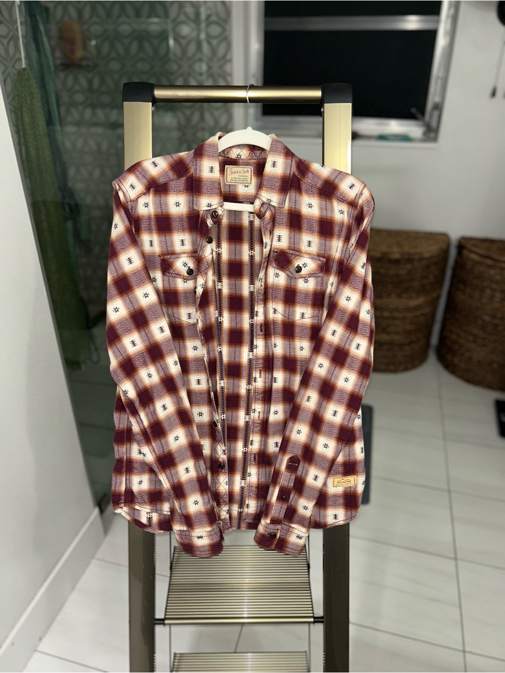 Scotch & Soda Burgundy and Cream Plaid Button-Down Shirt - Picture 1 of 5